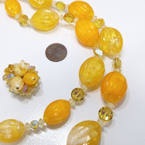 Vintage  Yellow Orange Lucite Beaded Necklace & Earrings, AB Crystals, 1960s - Picture 6 of 10